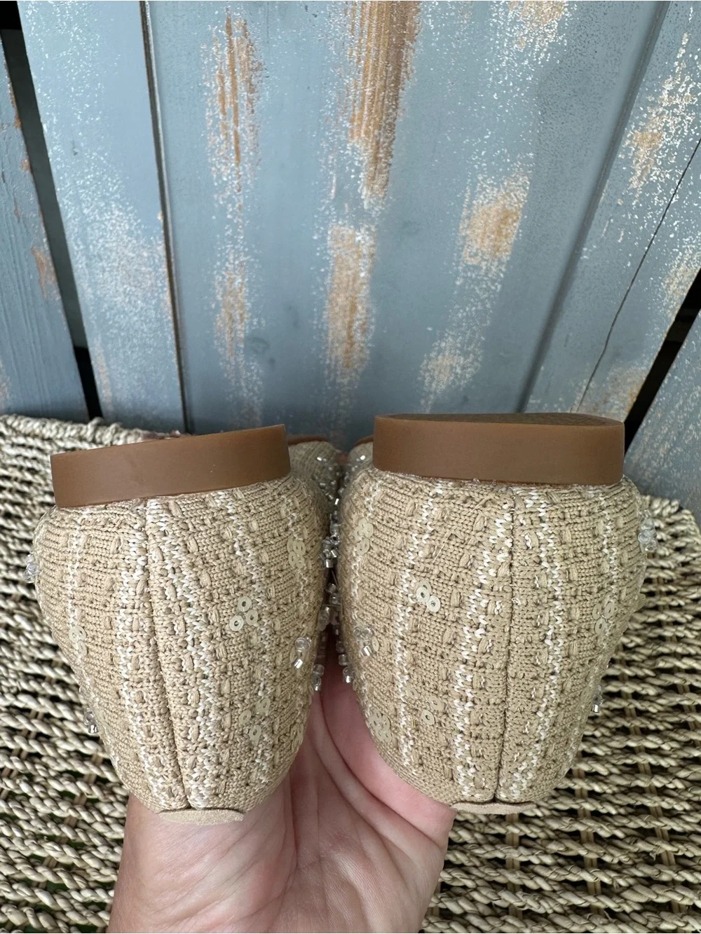Vivaia Margot 2.0 Sequins Square Toe V-Front Flat Natural Linen Sz 41, 9.5 NWOB